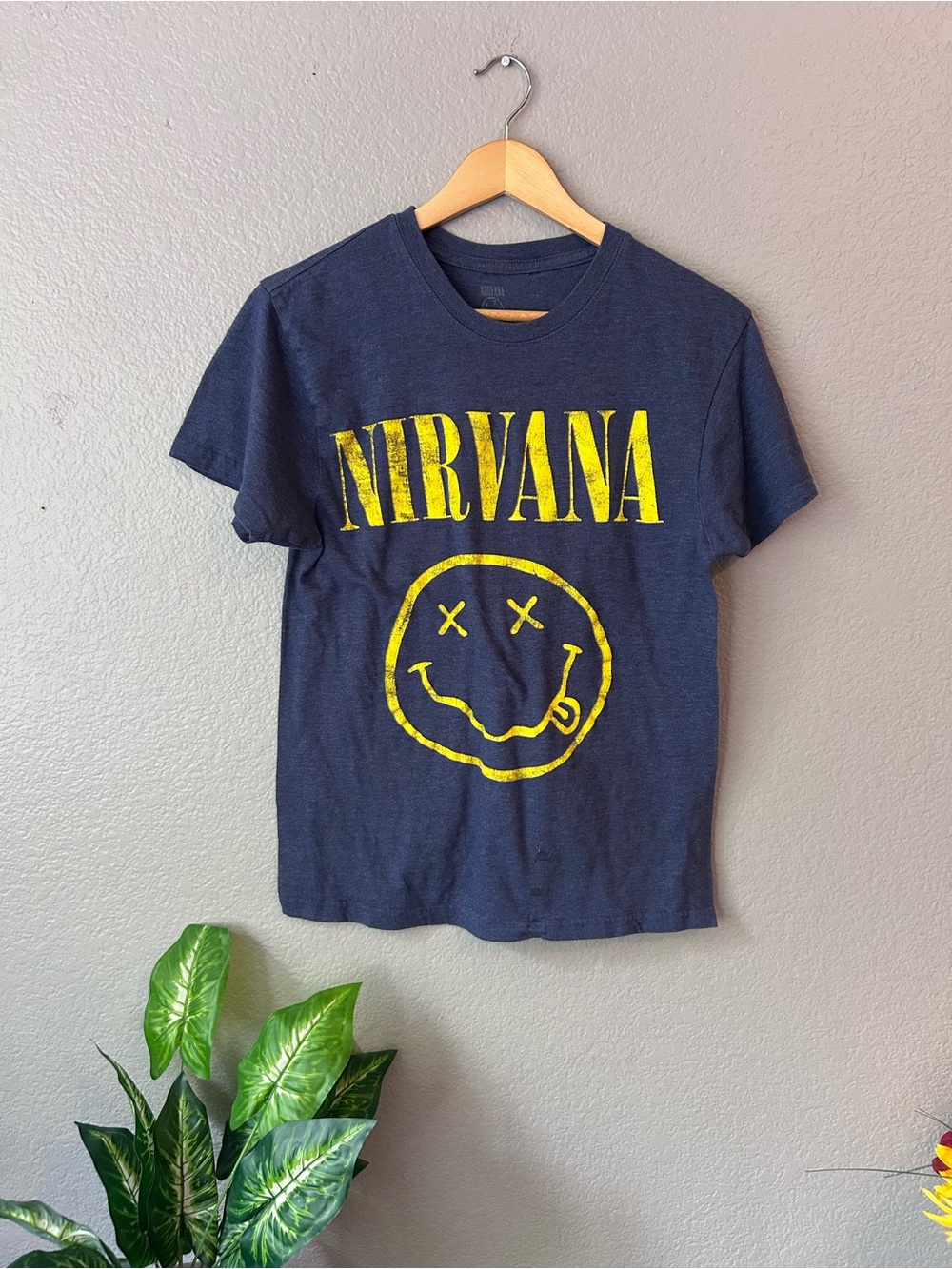 NIRVANA Navy Tee with Yellow Smiley Logo Size Small